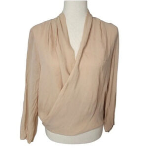 𝅺AMANDA Uprichard Women's Surplice Wrap Semi Sheer Tan Beige Casual Basic sz Sp